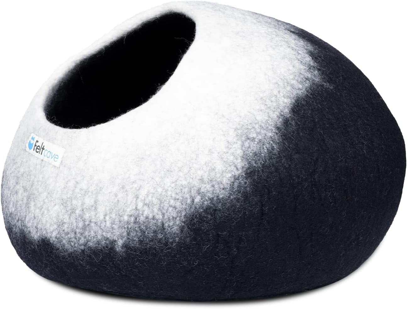 Medium Cat Cave Bed | Black & White | Cute and Cozy Cat Cave Handcrafted Merino Wool | Hideaway for Indoor Cats | Warming Nest for Kitty | Washable Wool Fabric - Gift for Pets