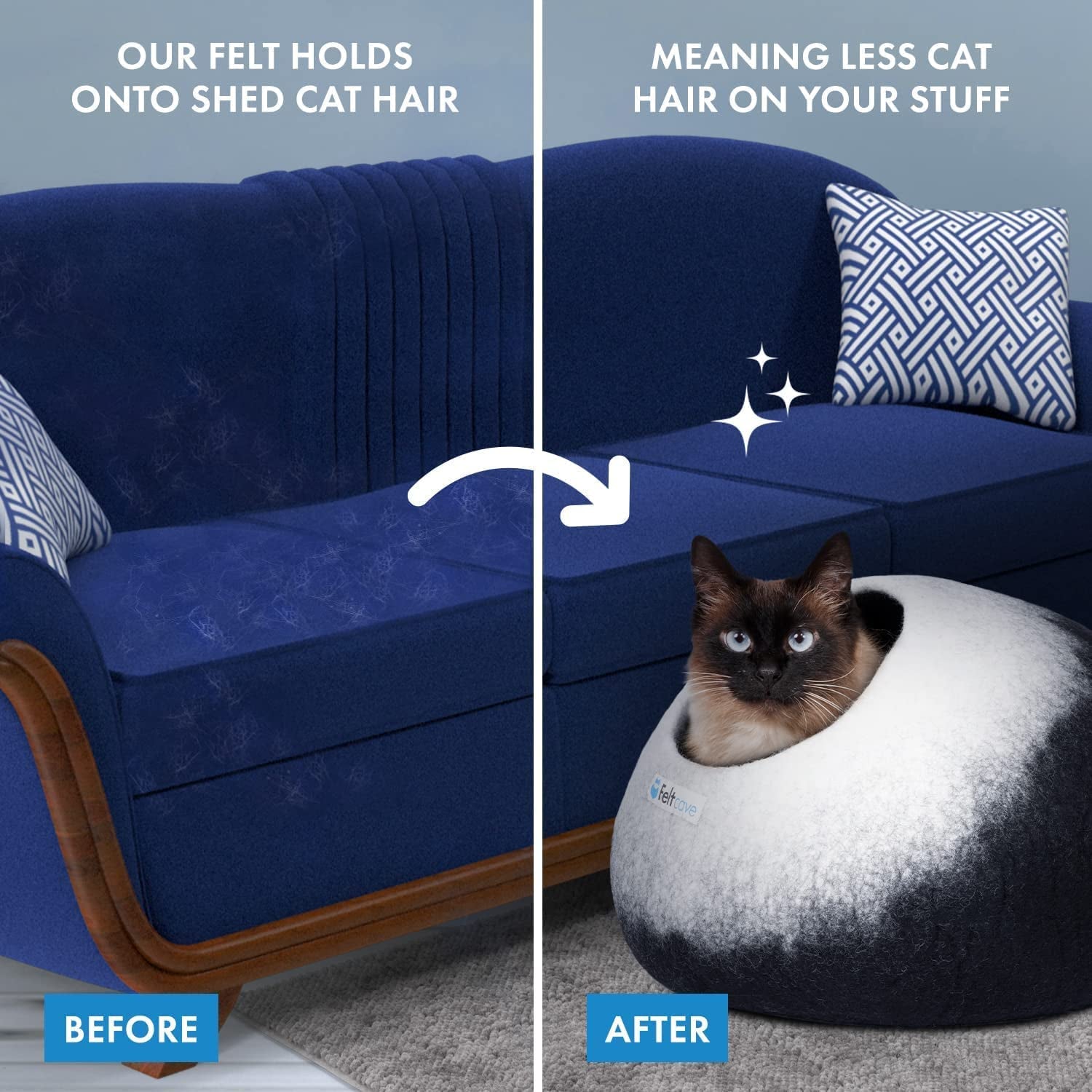 Medium Cat Cave Bed | Black & White | Cute and Cozy Cat Cave Handcrafted Merino Wool | Hideaway for Indoor Cats | Warming Nest for Kitty | Washable Wool Fabric - Gift for Pets