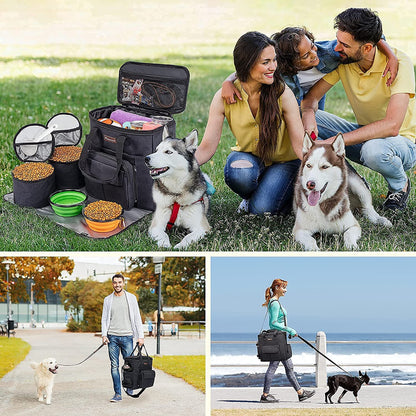 Dog Travel Bag with 2 Collapsible Dog Bowls, 1 Dog Backpack, Airline Approved Pet Travel Bagorganizer for Supplies & Accessories, 2 Travel Dog Food Container, Black
