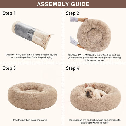 Calming Cat Bed for Indoor Cats,Anti-Anxiety Donut round Dog Bed,Fluffy Faux Fur Washable Pet Bed for Small Medium Dogs and Cats,Taupe,24In