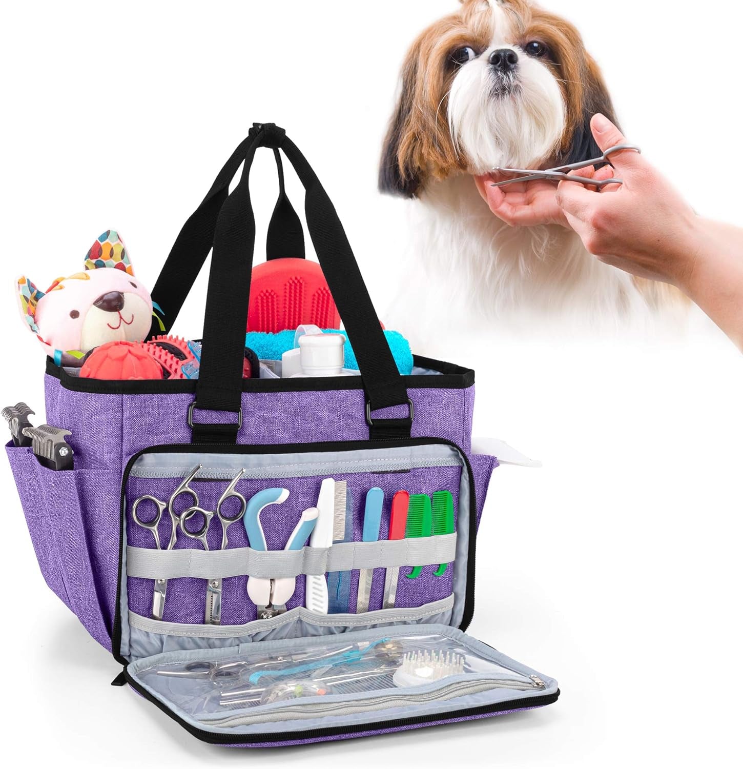 Dog Grooming Tote Bag, Cat Grooming Tools Organizer for Pets Grooming Kit and Supplies, Purple