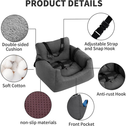 Ultimate Dog Car Seat: Premium Pet Booster Bed with Adjustable Safety Straps and Convenient Storage for Small Dogs & Cats