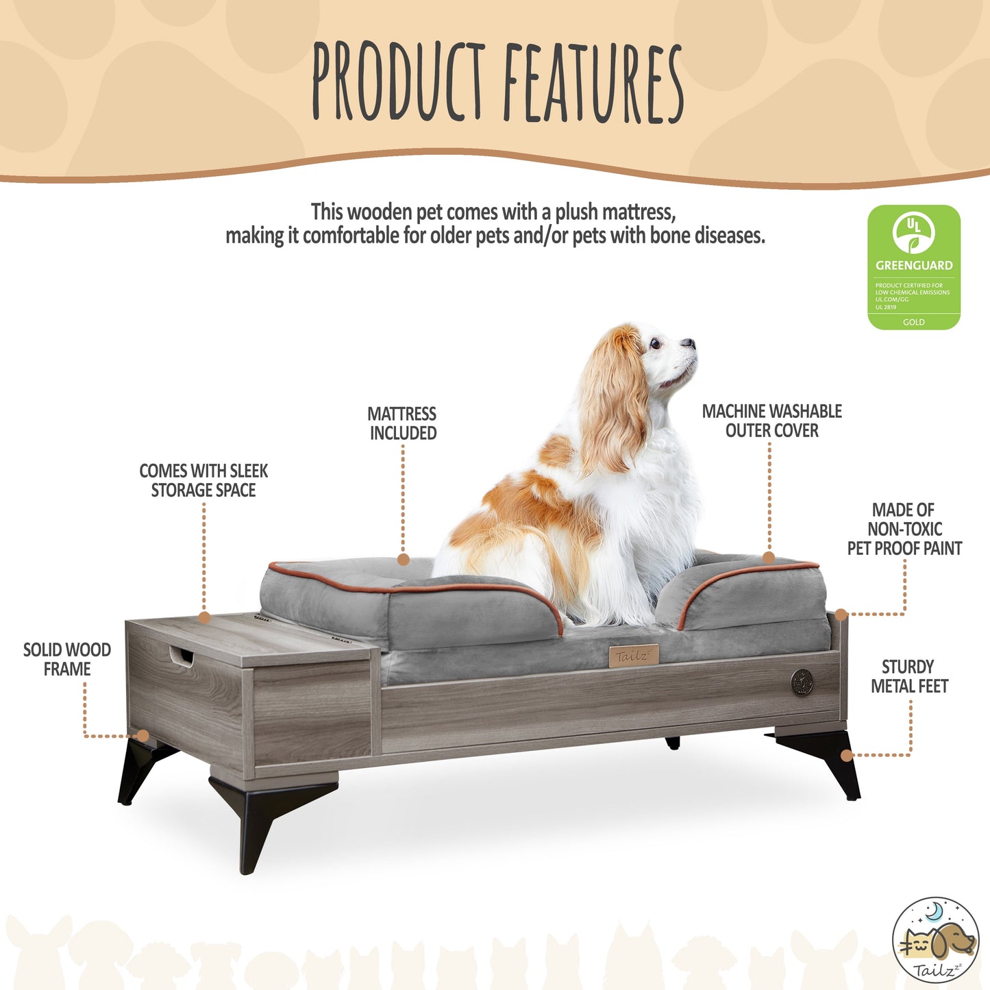 Elevate Your Pet's Comfort with the Wyatt Wooden Elevated Pet Bed & Mattress - Stylish, Functional, and Greenguard Gold Certified!