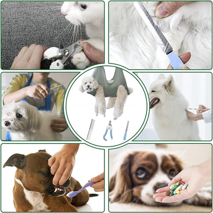 Pet Grooming Hammock Harness for Cats & Dogs, Pet Supplies Kit, Pet Stuff Helper with Nail Clippers/Trimmer, Nail File for Bathing, Pet Comb (Grey, Small Dog)