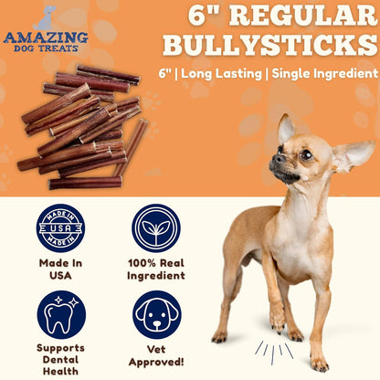 - 6 Inch Medium Size Bully Sticks (25 Count) - Bulk Bully Sticks for Dogs - No Hide Bully Stick Dog Bones