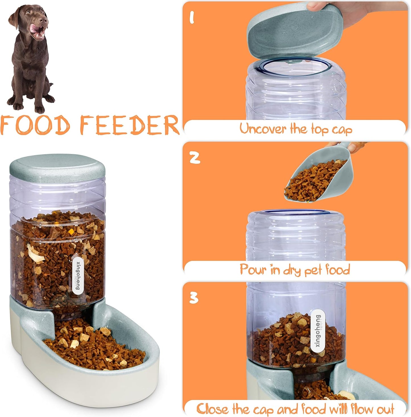 Gravity Automatic Cat Feeder and Water Dispenser - Dog Food and Water Bowl for Small, Medium, and Big Pets - 1 Gallon X 2 (Gray)