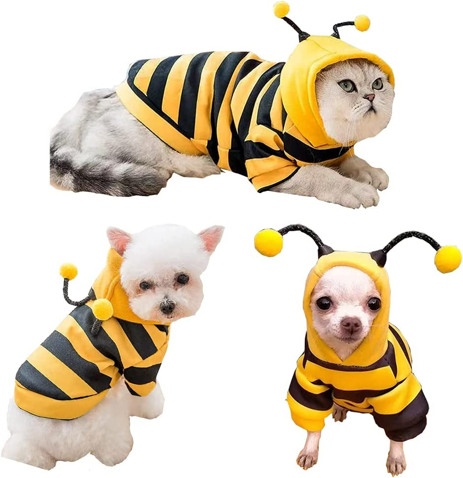 Funny Dog Hoodie Sweatshirt, Holiday Cat Sweater, Warm Clothes for Small Dogs, Yellow Cat Outfit, Puppy Hooded Coat, Pet Bee Costume for Halloween Christmas (Yellow, X-Large)