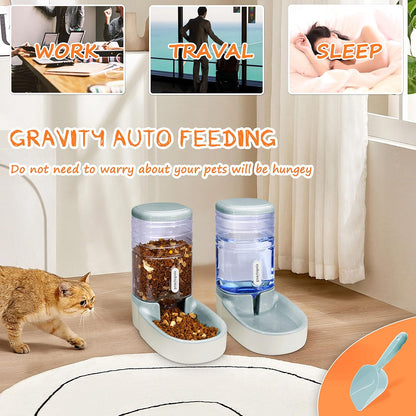Gravity Automatic Cat Feeder and Water Dispenser - Dog Food and Water Bowl for Small, Medium, and Big Pets - 1 Gallon X 2 (Gray)