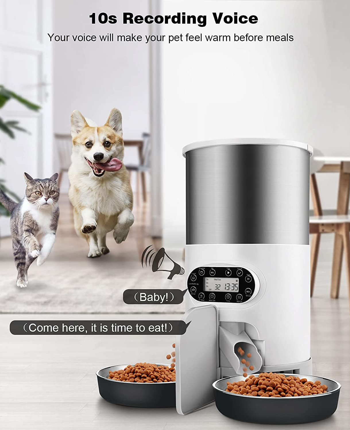Automatic Cat Feeders, 304 Stainless Steel Timed Cat Food Dispenser for 2 Cats & Small Dog, 4.5L Pet Feeder with 2-Way Splitter, 1-4 Meals Portion Control,10S Voice Recorder, Dual Power Supply