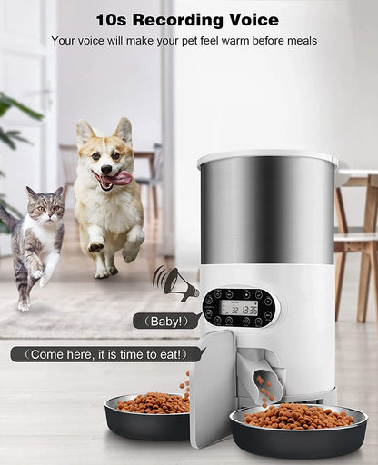 Automatic Cat Feeders, 304 Stainless Steel Timed Cat Food Dispenser for 2 Cats & Small Dog, 4.5L Pet Feeder with 2-Way Splitter, 1-4 Meals Portion Control,10S Voice Recorder, Dual Power Supply
