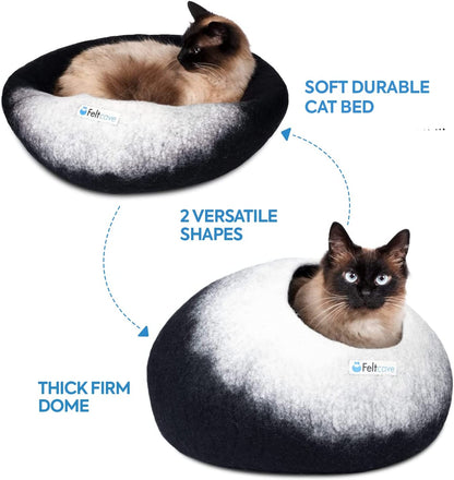 Medium Cat Cave Bed | Black & White | Cute and Cozy Cat Cave Handcrafted Merino Wool | Hideaway for Indoor Cats | Warming Nest for Kitty | Washable Wool Fabric - Gift for Pets
