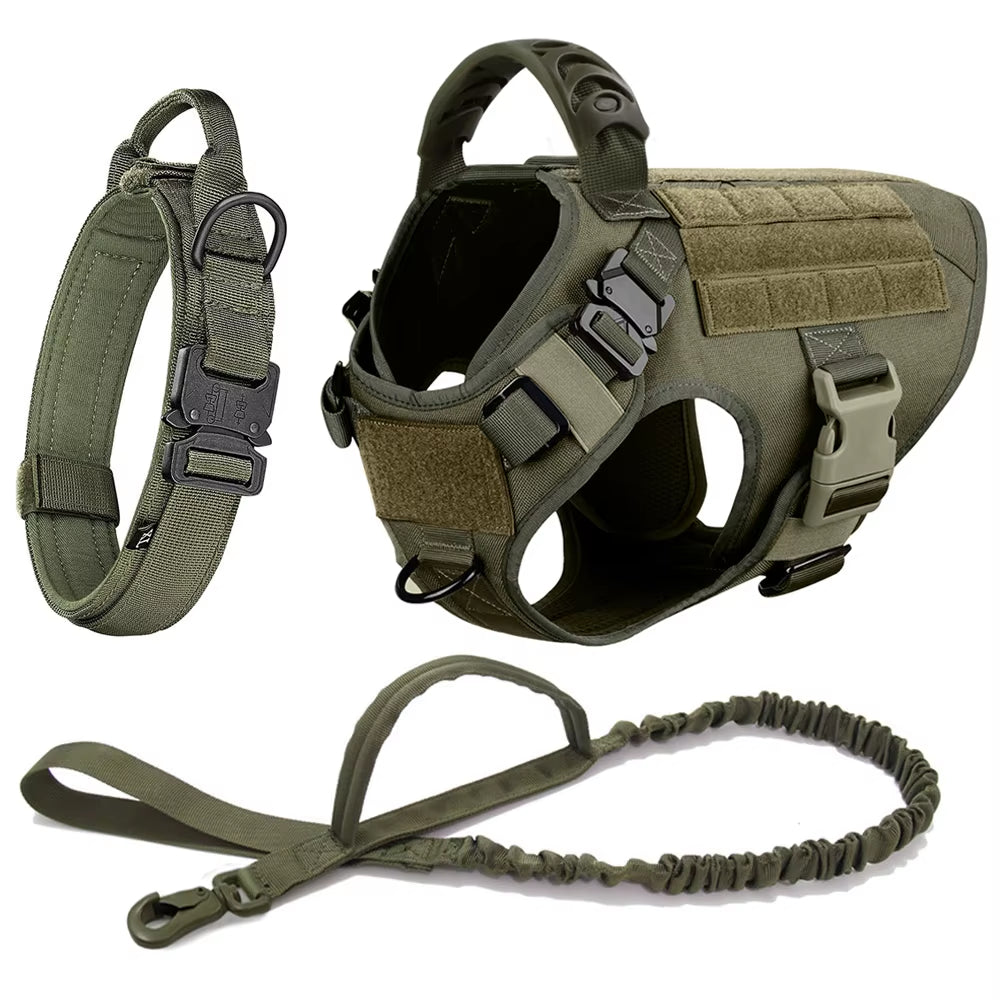 Large Dog Harness Collar Leash Molle Pouches Pet German Shepherd Malinois Training Walking Vest Dog ...